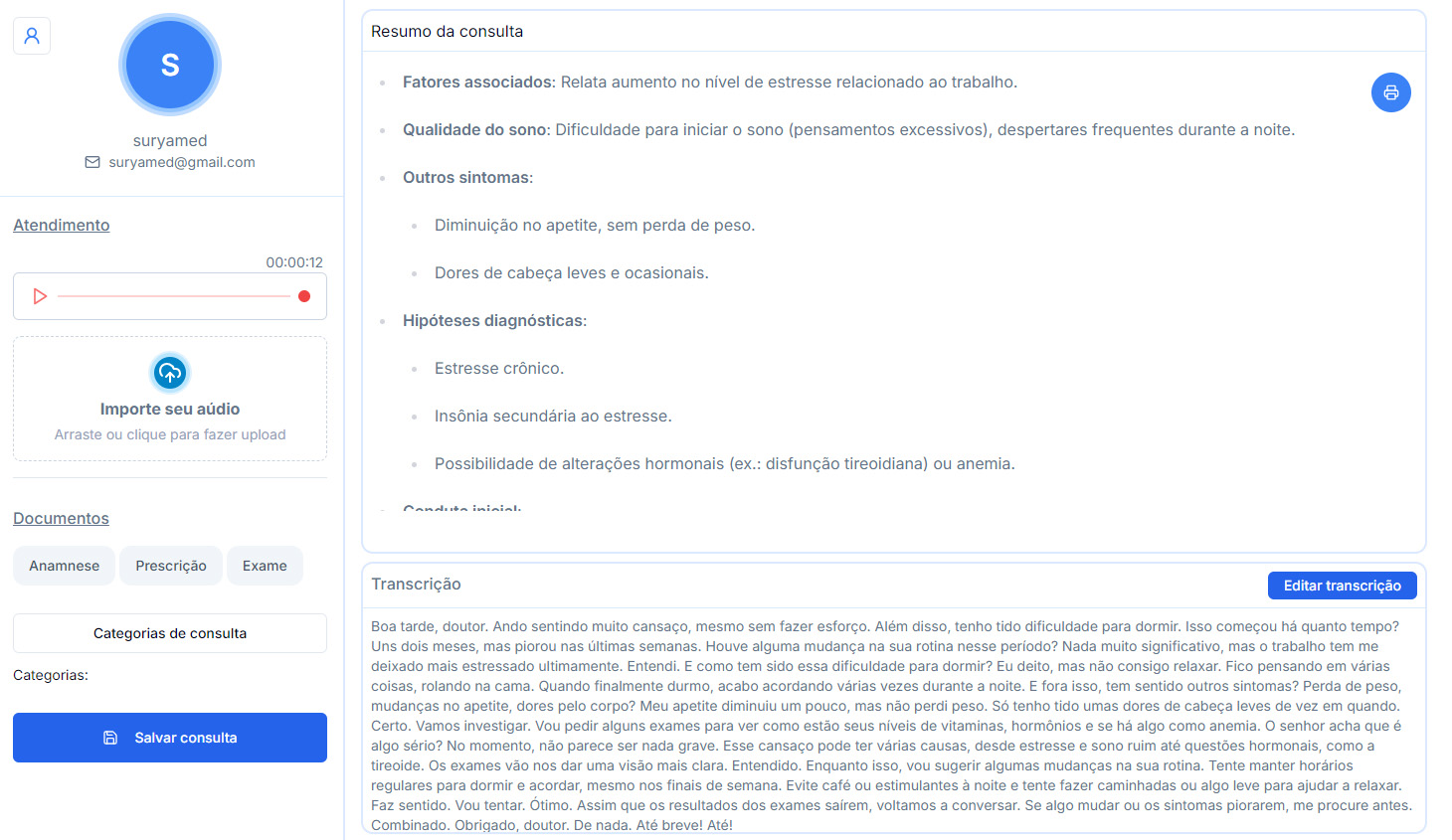 Exemplo de consulta com campos de resumo e transcrição
