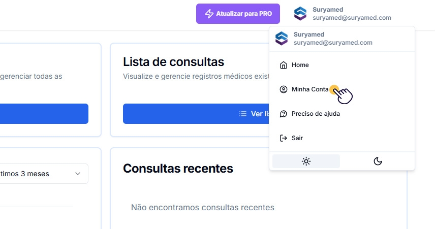 Menu minha conta - app.suryamed.com.br