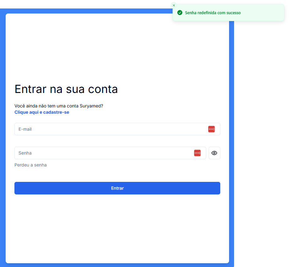 Tela de login com mensagem de sucesso após redefinir a senha