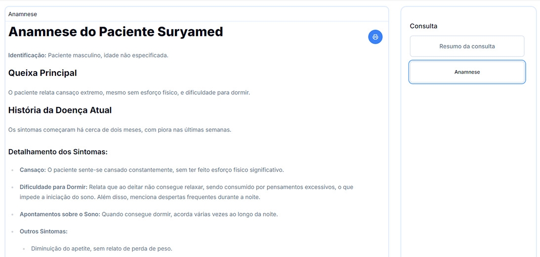 Exemplo de anamnese gerada com IA no Suryamed